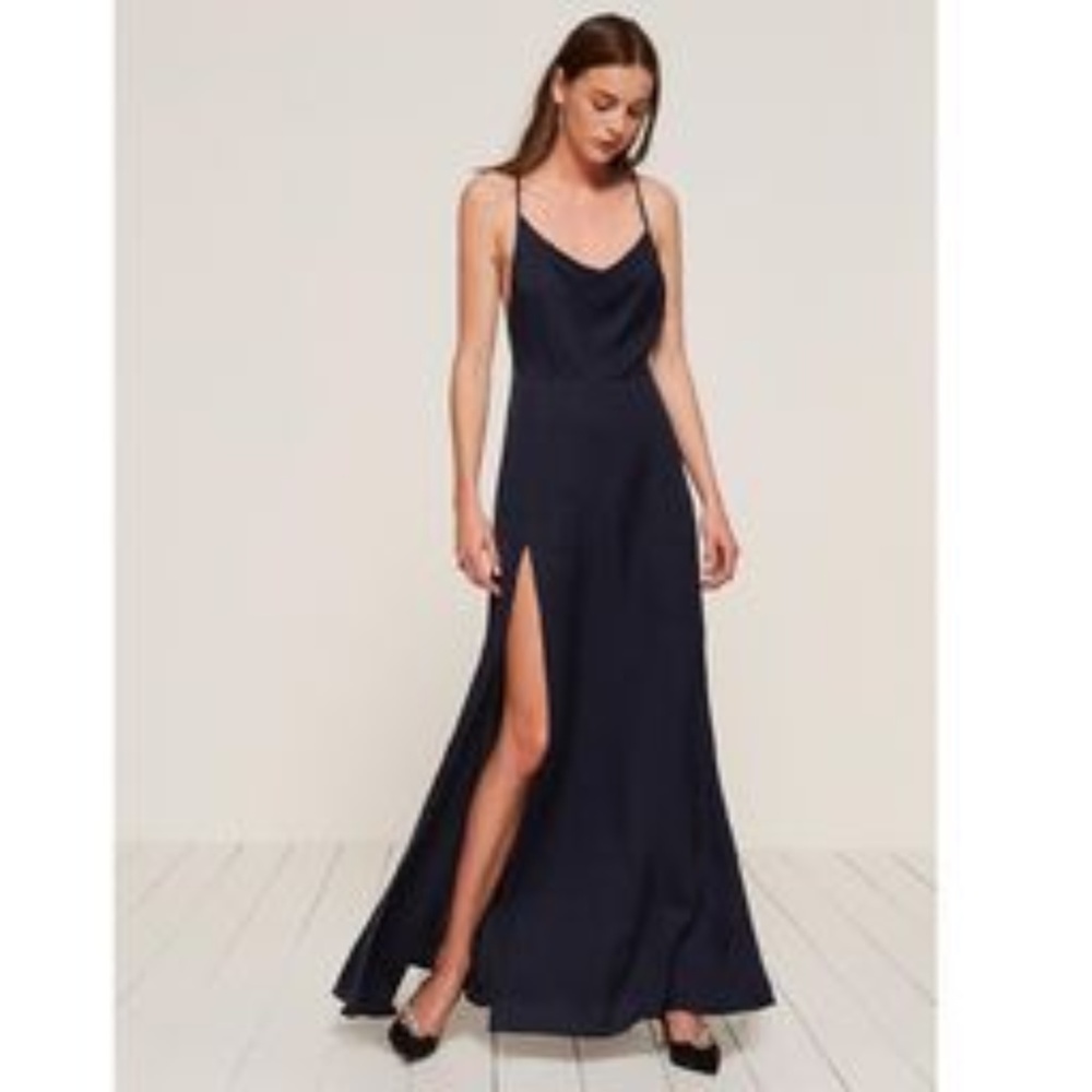 REFORMATION Cowl-Neck Terraza Dress in Navy